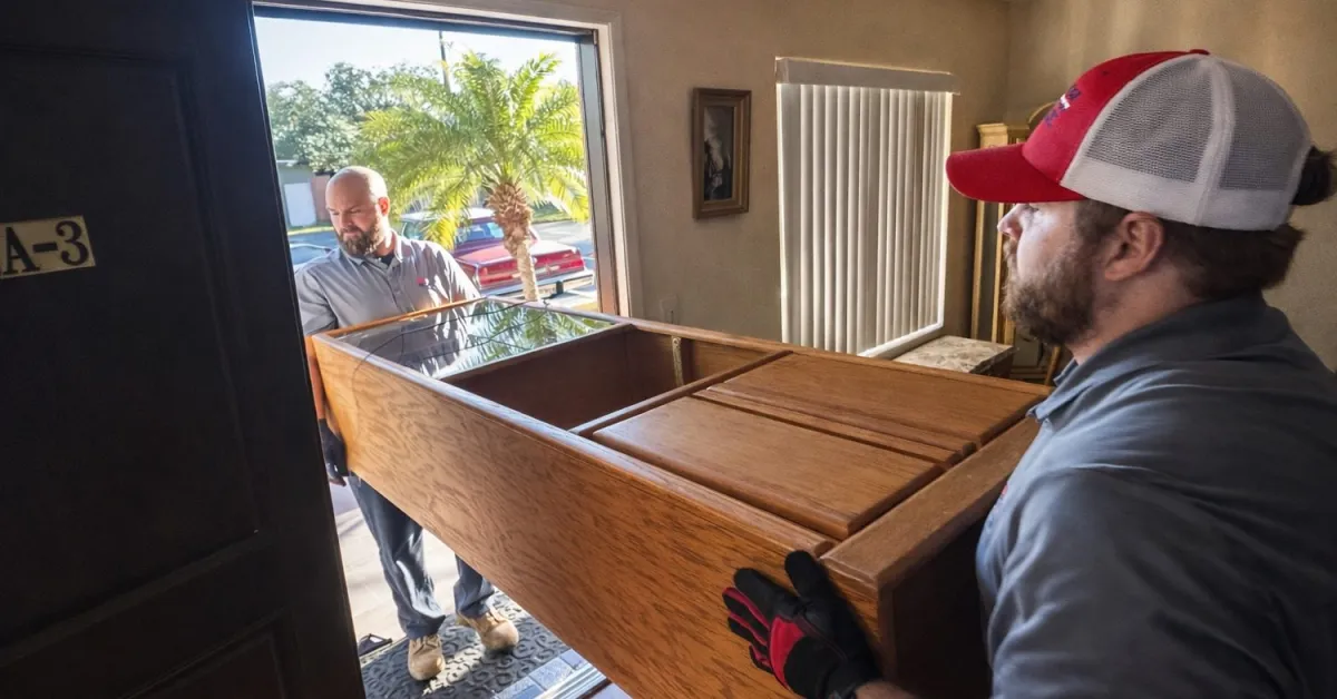Two Junk Nation Removal crew members carrying a large wooden cabinet out through the front door of a Tampa Bay home