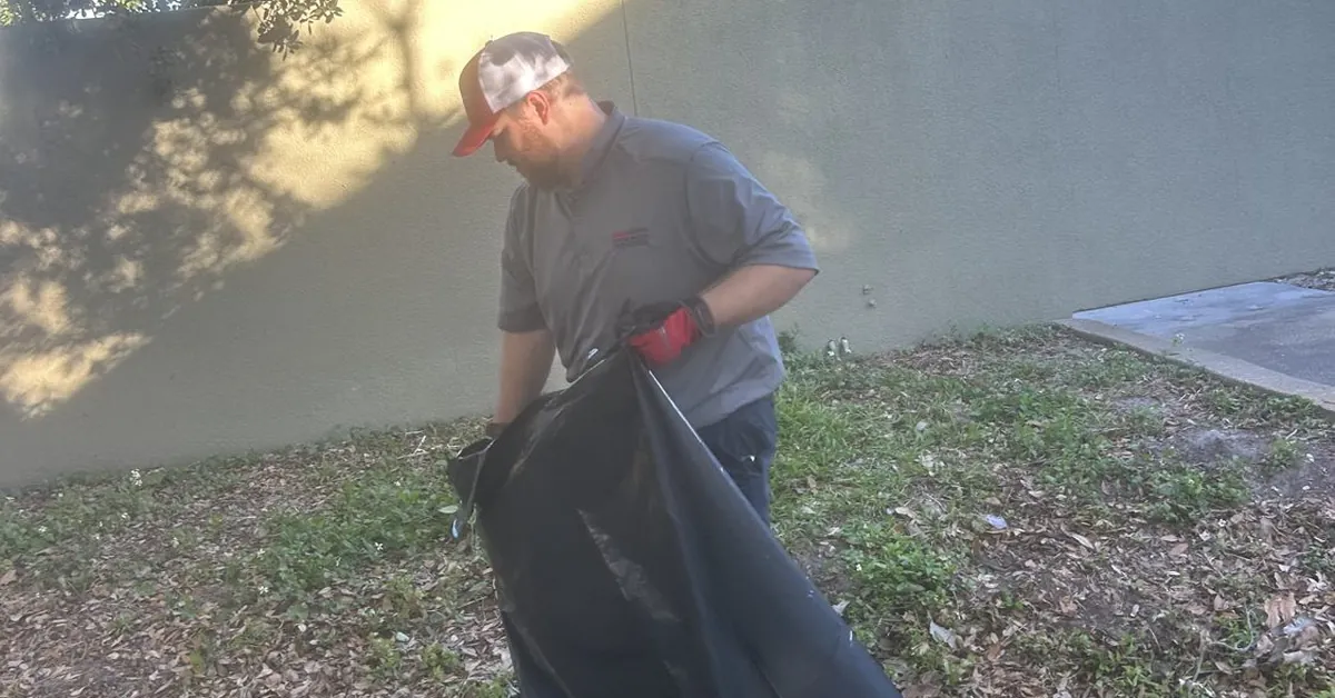 Junk Nation Removal crew member bagging fallen leaves and yard debris along a backyard wall in Tampa Bay