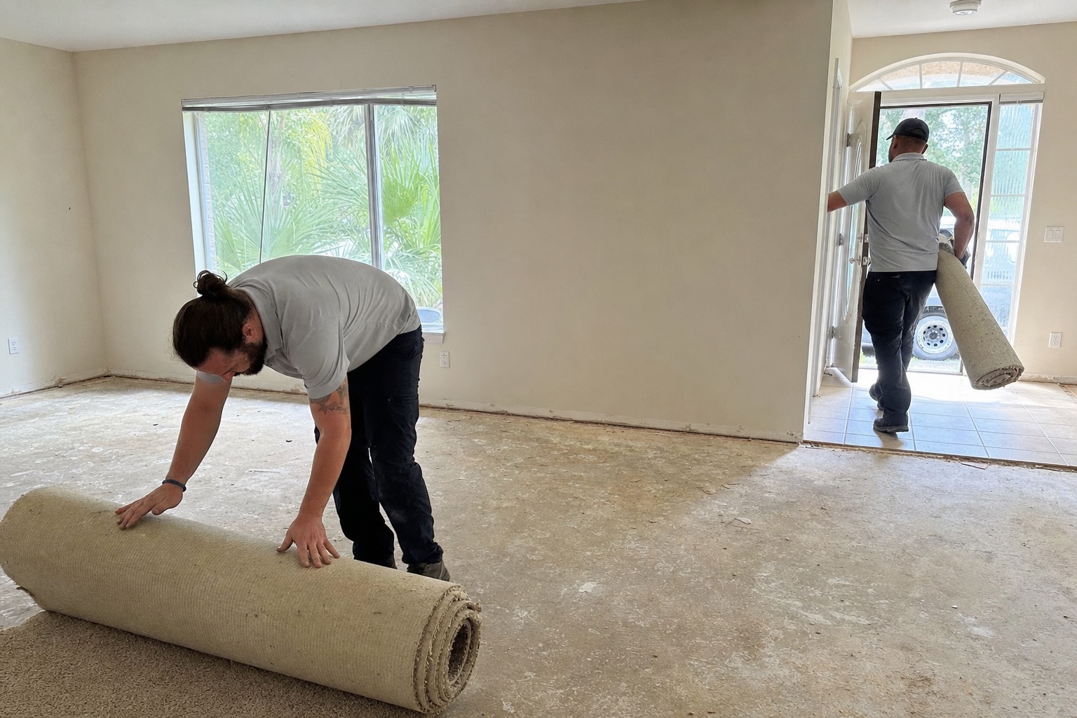 Junk Nation Removal crew rolling up and carrying out old carpet in a Tampa Bay home