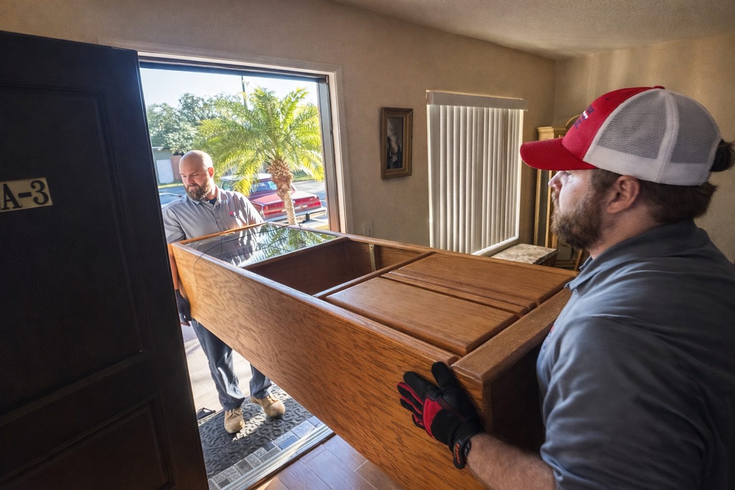 Junk Nation Removal team carrying a dresser out of a home during furniture removal